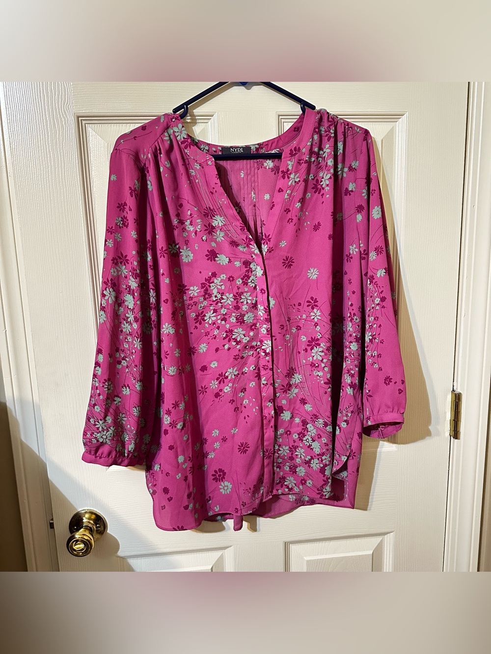 NYDJ Fuchsia Floral V-Neck Button Blouse